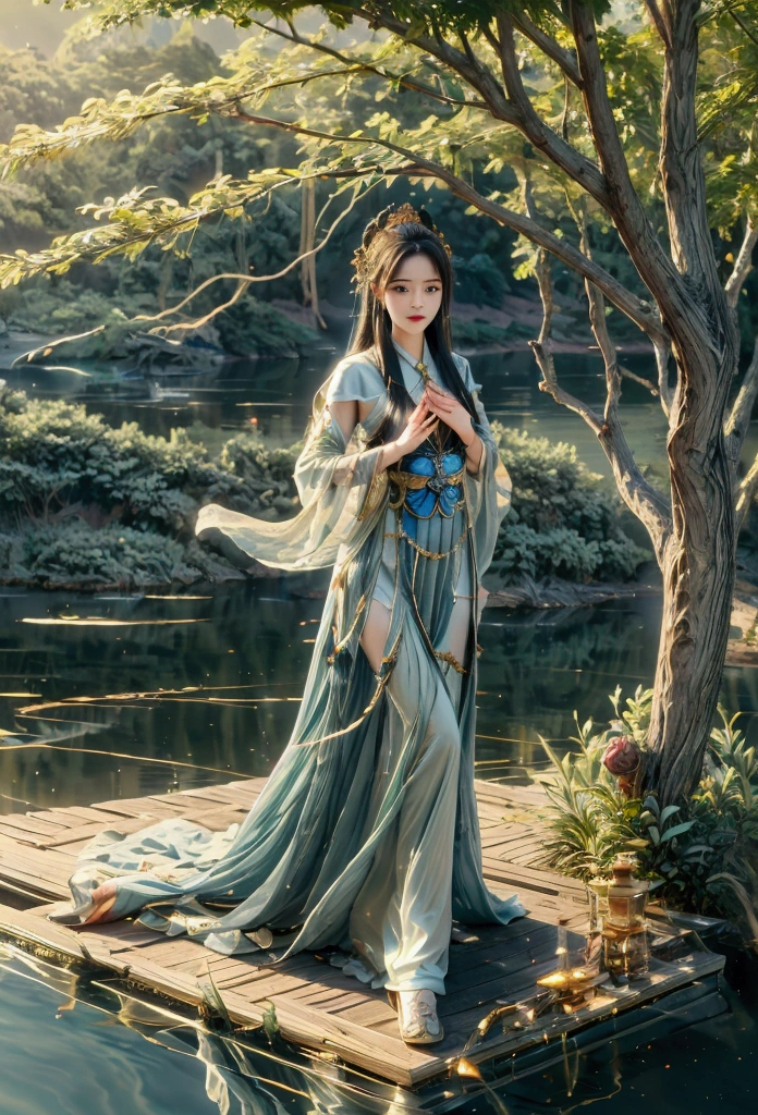 shan,watercraf11t,boat,bird,tree,scenery,water,lake,mountain,outdoors,reflection,nature,river, (masterpiece:1.3), (best quality:1.3), 1girl, deressed in hanfu, little open chest, big breast, full body (kawaii background:1.3),(extremely detailed fine touch:1.3),(hard light, studio light, light rays, dappled light, reflection, shadows, ray tracing:1),