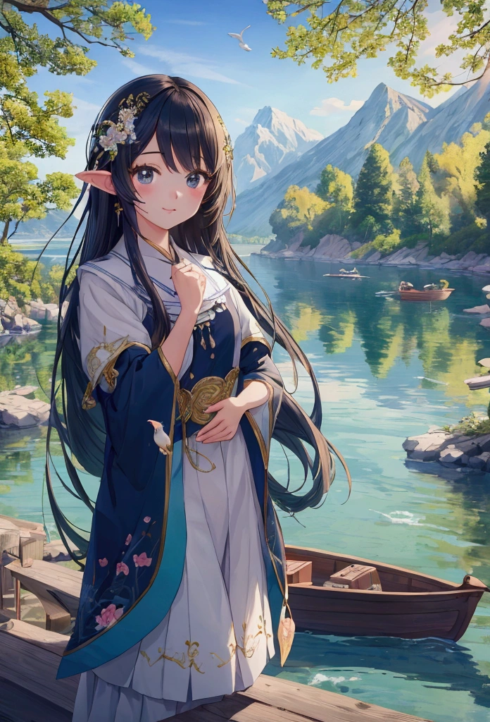 shan,watercraf11t,boat,bird,tree,scenery,water,lake,mountain,outdoors,reflection,nature,river, (masterpiece:1.3), (best quality:1.3), 1girl, (kawaii background:1.3),(extremely detailed fine touch:1.3),(hard light, studio light, light rays, dappled light, reflection, shadows, ray tracing:1),