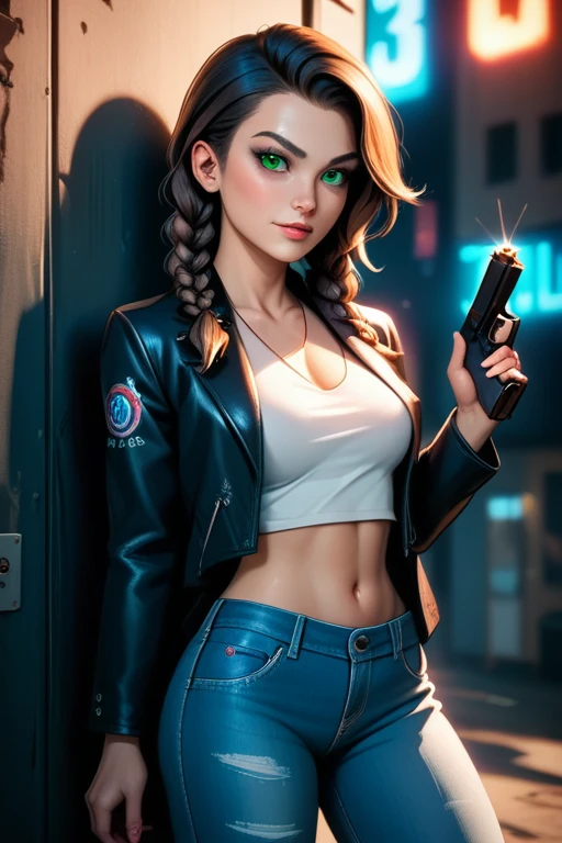 Hungarian woman with an athletic and toned physique; striking features with high cheekbones; green eyes; long, dark hair often styled in intricate braids; 'light olive' skin; best quality; trending on artstation; complex volumetric lighting; strong shadows; artistic lighting; dynamic; energetic vibe; realistic skin; specular highlights; micro-textures; highly detailed hair; in a dark alleyway at night; crumbling concrete walls; dystopian aesthetic; wearing a leather jacket and denim jeans, holding a pistol; deep neon glow with little illumination