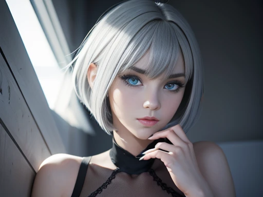 3D Digital Art Masterpiece, cute girl with asymmetrical face, blue eyes white skin eyeliner, slim full body 2d hair short bob style with bangs, dark makeup,  perfect detailing on hands and body, full HD image portrayed full body 