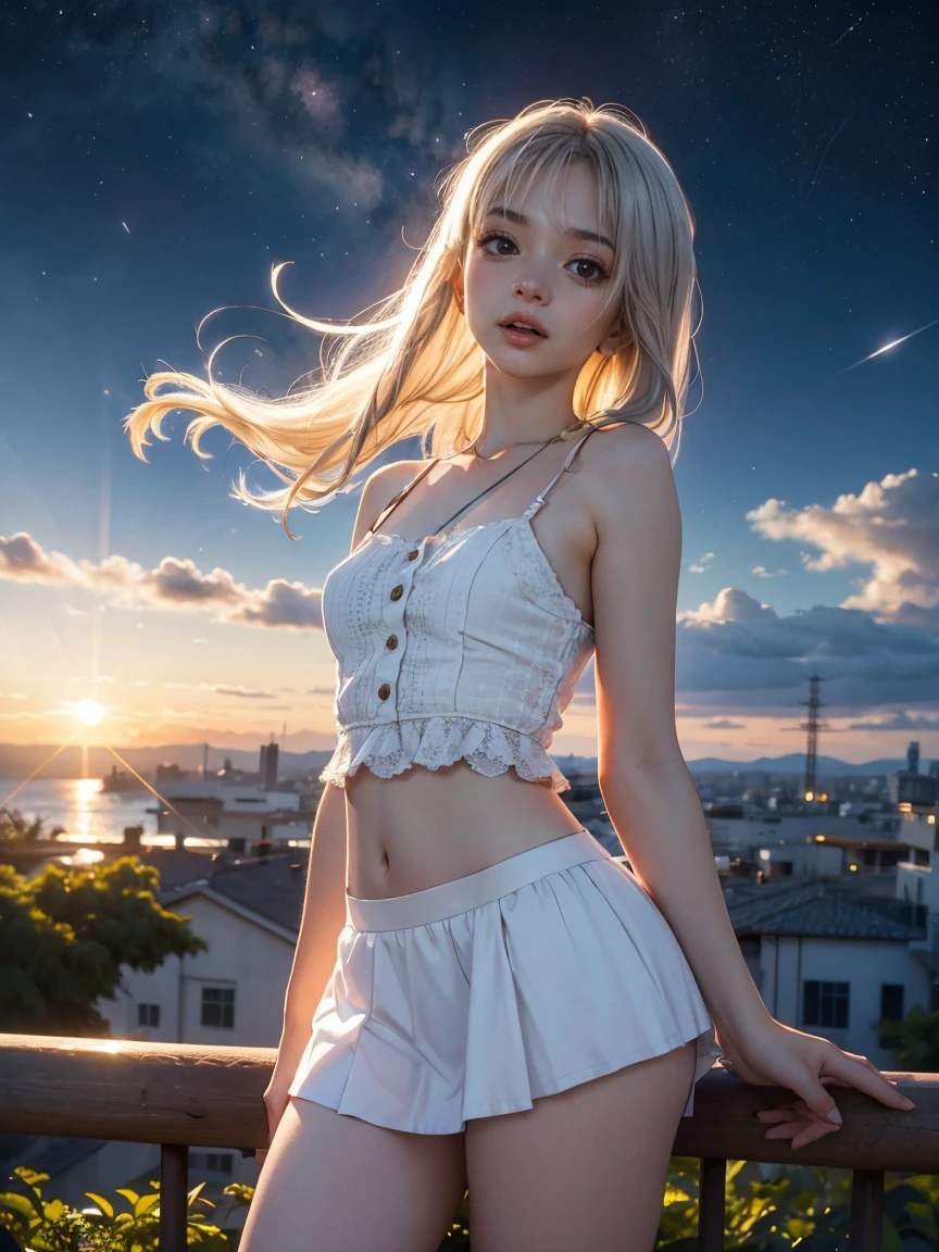 The background is a city, perfect white-haired girl,  in dress, ((pulling up completely her skirt, 1.9)), ((pulling up completely her skirt, 1.9)), ((pulling up completely her skirt, 1.9)), ((showing panties,1.8)), showing panties, showing panties, white-haired, white-haired god, cute anime waifu in beautiful clothes, gray-haired, best anime 4k konachan wallpaper, little curve , guvez on Pixiv ArtStation, white-haired girl, nightcore, standing on a tree, looking up at the stars, face super detailed