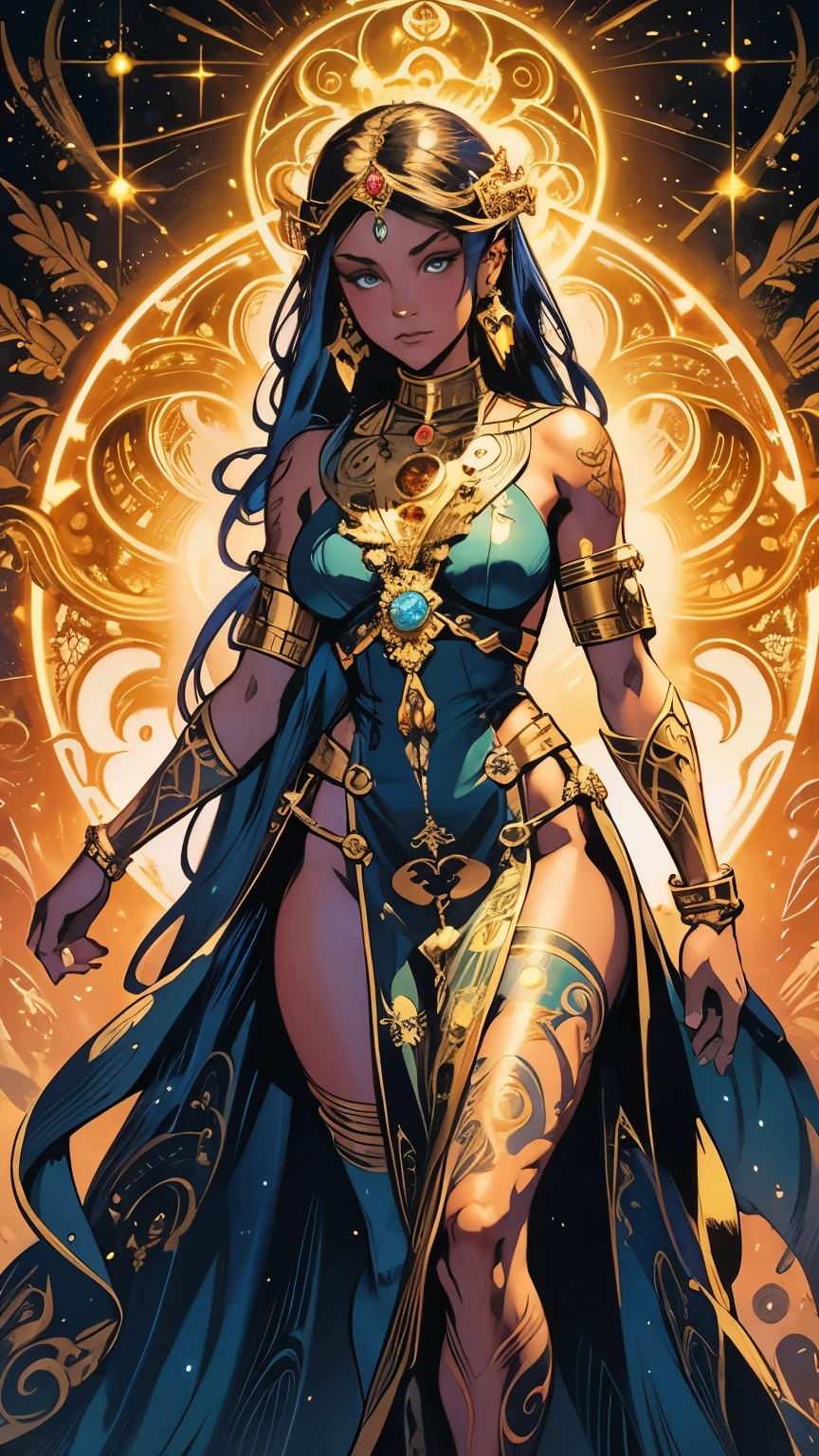 Full Body, (A beautiful cinematic ornamented female sand goddess, golden dress, glow golden tattoo), (galactic Shaman with Quantum Energy fantasy), fantasy magic, long hairstyle, dark light night, intricate, ethereal, sharp focus, illustration, highly detailed, digital painting, concept art, matte, (art by WLOP), (by Justin Gerard and Jason Edmiston: 1.5), (by Greg Rutkowski: 0.4), (by Alphonse Mucha: 0.4), masterpiece