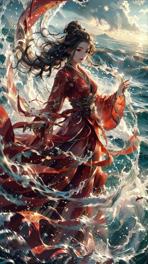 haifeisiv6,anime,a woman in a red dress is in the water,beautiful render of tang dynasty,greg rutkowski highly detailed,sea spra...