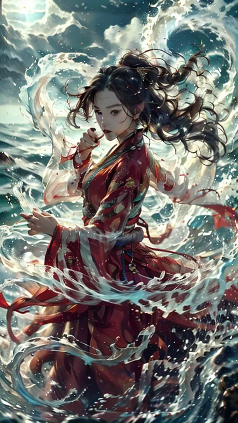 haifeisiv6,anime,a woman in a red dress is in the water,beautiful render of tang dynasty,greg rutkowski highly detailed,sea spra...