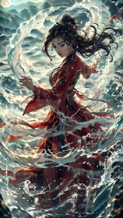 haifeisiv6,anime,a woman in a red dress is in the water,beautiful render of tang dynasty,greg rutkowski highly detailed,sea spra...