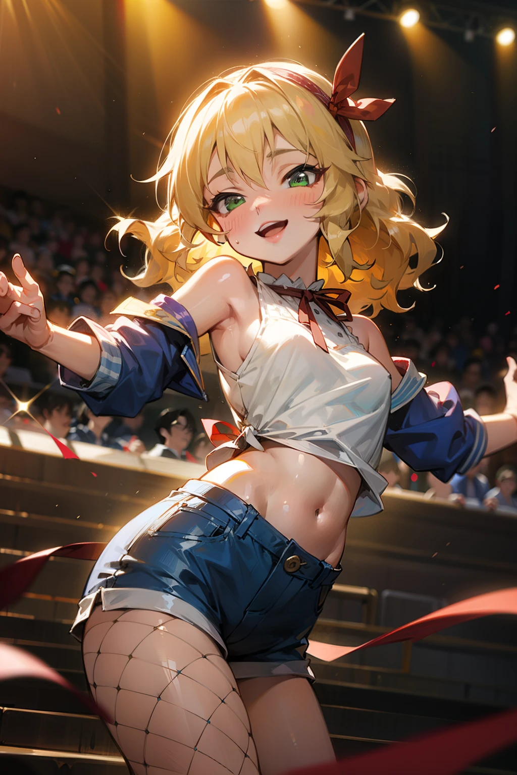 masterpiece,best quality, ultra-detailed,1girl(sakurai momoka, lovely small breasts, glow skin, wavy hair, long hair, blonde hair, headband(red ribbon),green eyes),a face in love, smile, open mouth, glow lips, head tilt, solo, blue jacket, white tank_top,  navel, blue short shorts,  fishnets pantyhose, in the stage, dancing, sexy dance, Sexy waist teasing, mike grab, sing , singing