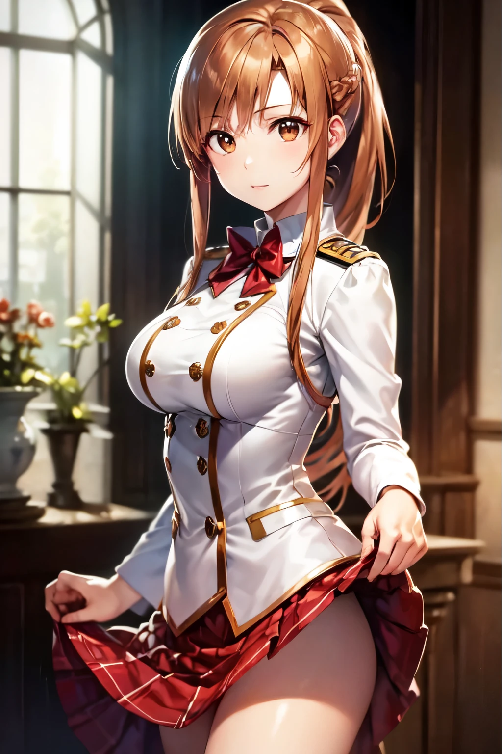 High resolution, Highest quality, super high quality、masterpiece、anime-style picture、Ultra-precision、Shiny, beautiful long hair、High quality anime girl with brown hair and brown eyes,[[Attractive eyes,Detailed eyes、Shining Eyes, Colorful eyes:1.25]]、whole、View from the front、ponytail, Brown Hair、(Skirt lift up:1.1),Solo Girl,Red and white uniform、Dress appropriately、Best Photos, Tabletop, Realistic, Soft Light, Attractive eyes 、4Ｋ，8Ｋ,(Genuine、Genuine志向、写真Genuine志向:1.2）、High resolution、超High resolution、超High resolutionの絵画、Cowboy Shot、Leaning forward