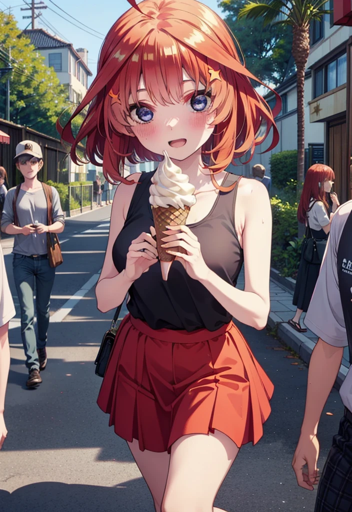 itsukinakano, Itsuki Nakano, bangs, blue eyes, Hair between the eyes, Ahoge, Redhead, star \(symbol\), hair ornaments, star hair ornaments,ハイビスカスのhair ornaments,Red Tank Top,Long skirt,Heeled Sandals,Walking,smile,blush,Open your mouth,Eating ice cream,Holding ice cream in one hand,whole bodyがイラストに入るように,Palm tree,True Summer,Clear skies,
break outdoors,Building district,tropical,
break looking at viewer,whole body ,
break (masterpiece:1.2), Highest quality, High resolution, unity 8k wallpaper, (figure:0.8), (Beautiful attention to detail:1.6), Highly detailed face, Perfect lighting, Highly detailed CG, (Perfect hands, Perfect Anatomy),