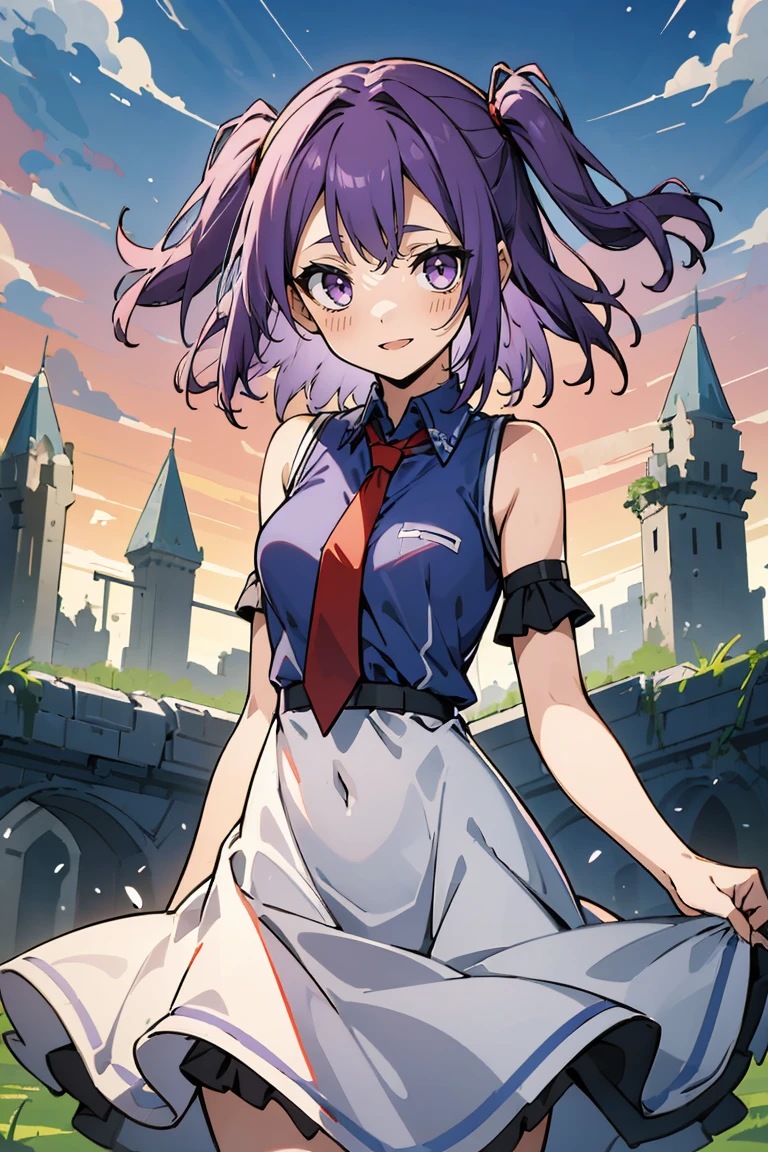 (masterpiece:1.2), (high quality:1.2), reo mikage, blue lock, girls with((1girl, solo, purple hair, (medium hair, right swept bangs, one side up:1.55), bare shoulder, blush, breasts, cowboy shot, navy blue shirt, chinese shirt dress, navy blue tops cheongsam, navy blue slit, white dress bottoms, frills dress, sleeveless, (collared shirt, red necktie:1.45), black armwarmers, elbow armwarmers, white princess dress, long dress, white frilled dress, (open dress:1.34), black shorts)), background with((fantasy world, ruin, castle, beautiful sky, shining sky, sunshine:1.35))