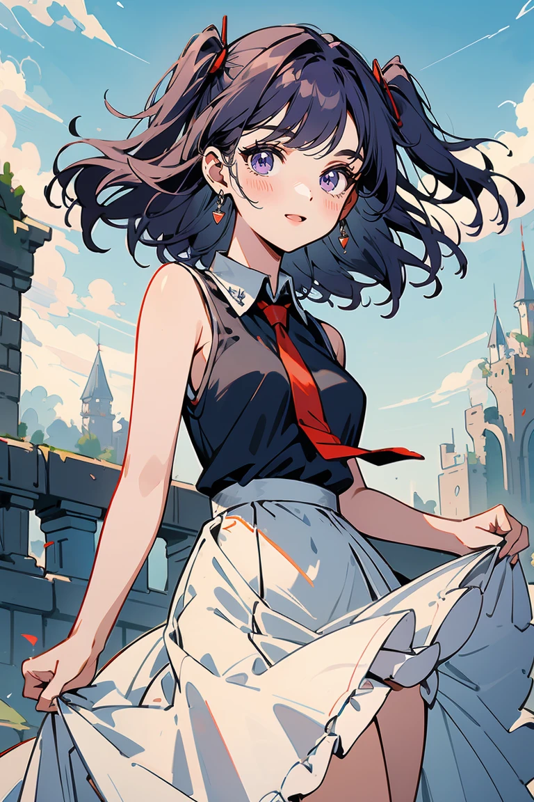 (masterpiece:1.2), (high quality:1.2), reo mikage, blue lock, girls with((1girl, solo, purple hair, (medium hair, right swept bangs, one side up:1.55), bare shoulder, blush, breasts, cowboy shot, navy blue shirt, chinese shirt dress, navy blue tops cheongsam, navy blue slit, white dress bottoms, frills dress, sleeveless, (collared shirt, red necktie:1.45), black armwarmers, elbow armwarmers, white princess dress, long dress, white frilled dress, (open dress:1.34), black shorts)), background with((fantasy world, ruin, castle, beautiful sky, shining sky, sunshine:1.35))