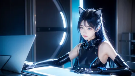 Cat ear、Blue Hair、Futuristic、Blue body protector、Cyber Sense、Real、フォトReal、High resolution、