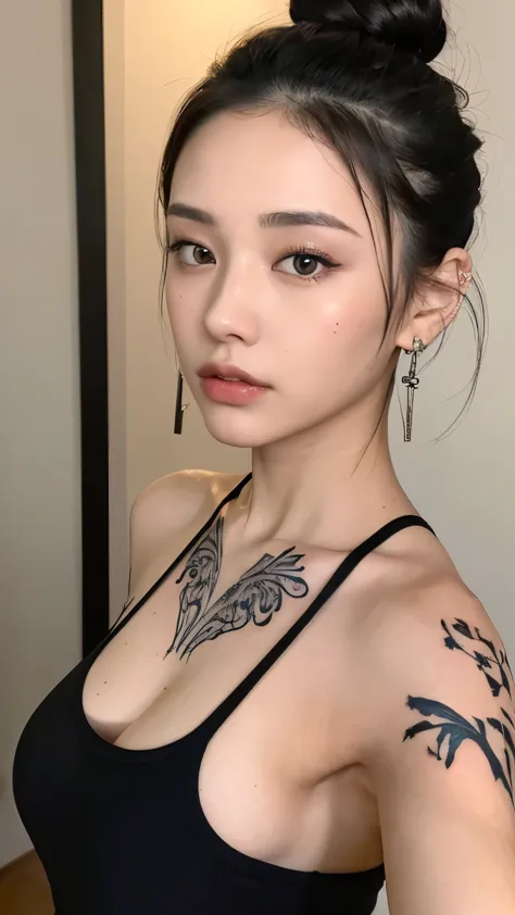 ((Best quality, 8k, Masterpiece :1.3)),   (woman with tattoos),   beautiful woman with emphasis on slender abs: 1.3,   (black hair in a bun),   ultra-delicate face,   delicate eyes,   long eyelashes,   Earrings-Earrings

(tank top),   In front of the make-up mirror 