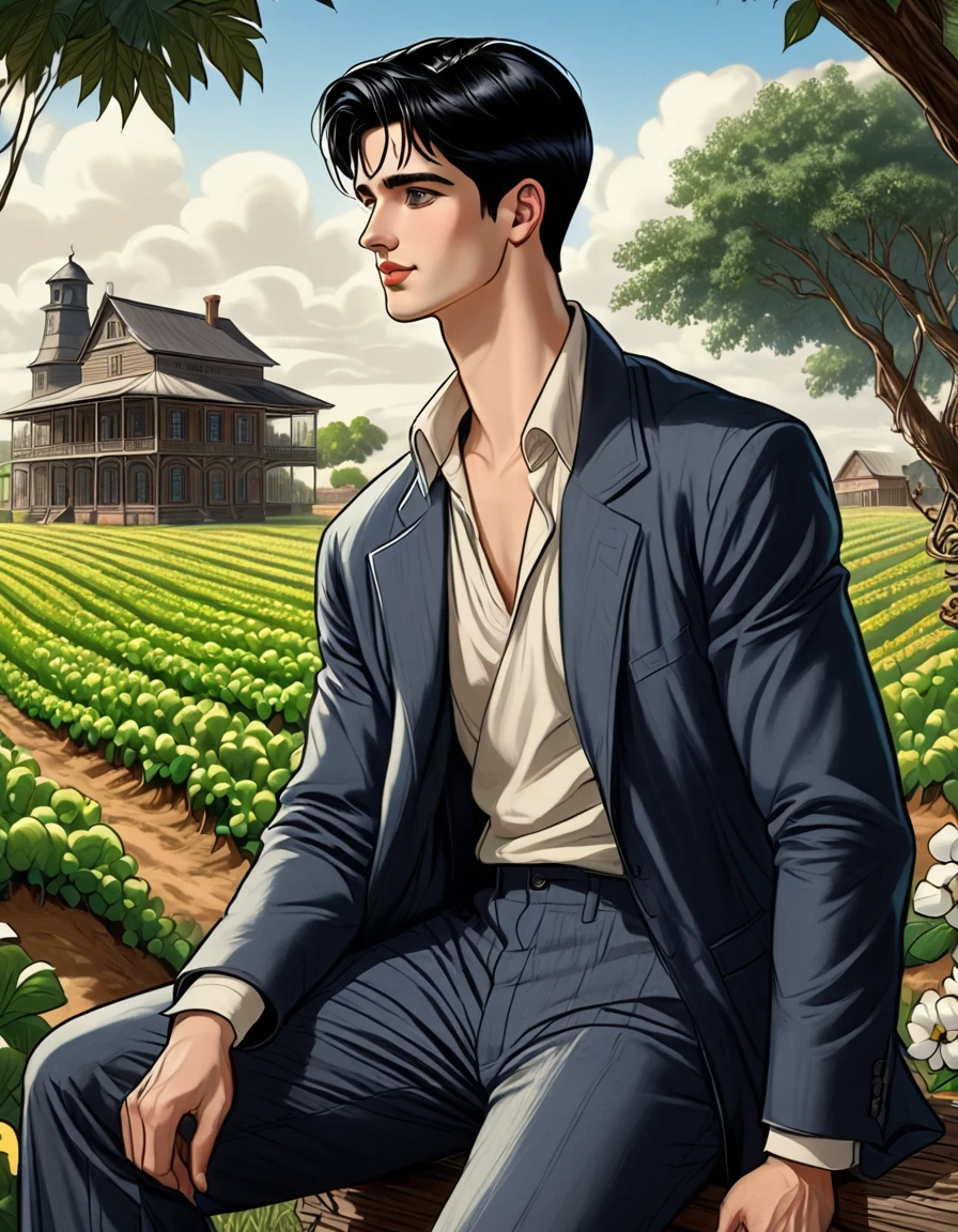 fullbody,  A handsome  young man  with cap, seen from back view, turning his head, blue eyes, black hair, roman nose, square chin, full lips, happy gaze,  looking to viewer, painting style, masterpiece, ultra details, best quality, wearing old  south luisiana farm clothes, he is sitting on the ground, in the background cotton fields and plantation fancy house