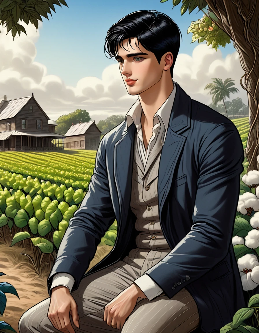 fullbody,  A handsome  young man  with cap, seen from back view, turning his head, blue eyes, black hair, roman nose, square chin, full lips, happy gaze,  looking to viewer, painting style, masterpiece, ultra details, best quality, wearing old  south luisiana farm clothes, he is sitting on the ground, in the background cotton fields and plantation fancy house