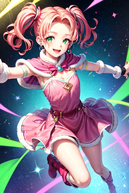 masterpiece,Highest quality,One girl,Shiny-luminous,[Yellow Eyes|Green Eyes],Red hair ,Twin tails,Pink Dress,Capelet,brooch,Arm warmers,Leg warmers,boots,Earrings,smile,Dynamic pose,Shiny,Particles of light,Multicolored background,