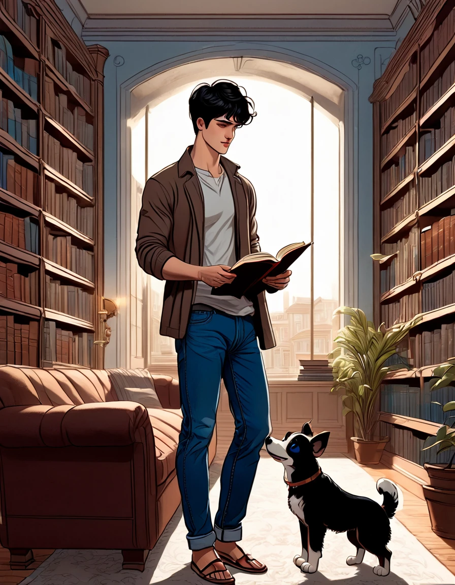 Young man with short wavy black hair, blue eyes, reading a book beside his dog in a library, high-fidelity rendering illustration, romanticism art style, full-body front view, shelves filled with books, pastoral paintings on walls, daylight streaming through windows, muscle tee, blue jeans, flip-flop sandals, natural lighting, soft vibrant color composition, ultra-detailed realistic, confident look, perfect anatomy, intricate scene details, volumetric, cinematic.