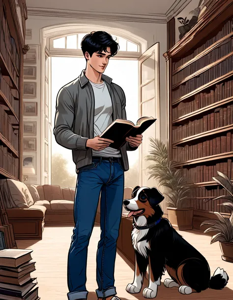 young man with short wavy black hair, blue eyes, reading a book beside his dog in a library, high-fidelity rendering illustratio...