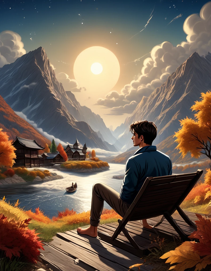 Another colorful autumn ...((full body)), photorealistic, hd, 8k resolution, fullbody, 16k resolution, hd, view from behind, 1 young man, slentder athletic toned body, cimanon skin, gorgeous, perfect anatomy, is sitting by the river watching the sun rice in the background, river, mountains, sun, clouds He is wearing flip flop sandals, dramatic, pacefull scene, centered, symmetry, painted, intricate, volumetric lighting, beautiful, rich deep colors masterpiece, sharp focus, ultra detailed, in the style of dan mumford and marc simonetti, astrophotography