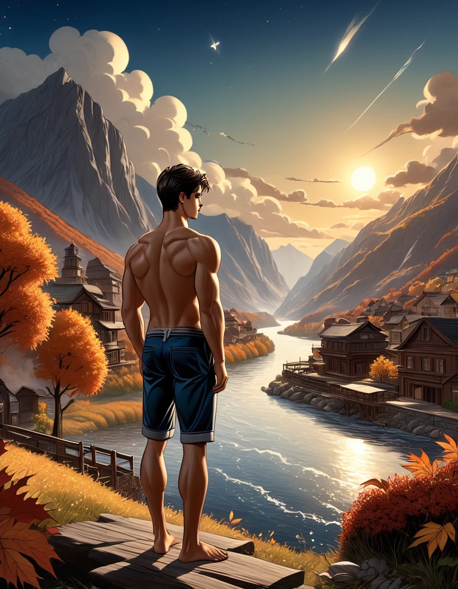 Another colorful autumn ...((full body)), photorealistic, hd, 8k resolution, fullbody, 16k resolution, hd, view from behind, 1 young man, slentder athletic toned body, cimanon skin, gorgeous, perfect anatomy, is sitting by the river watching the sun rice in the background, river, mountains, sun, clouds He is wearing flip flop sandals, dramatic, pacefull scene, centered, symmetry, painted, intricate, volumetric lighting, beautiful, rich deep colors masterpiece, sharp focus, ultra detailed, in the style of dan mumford and marc simonetti, astrophotography