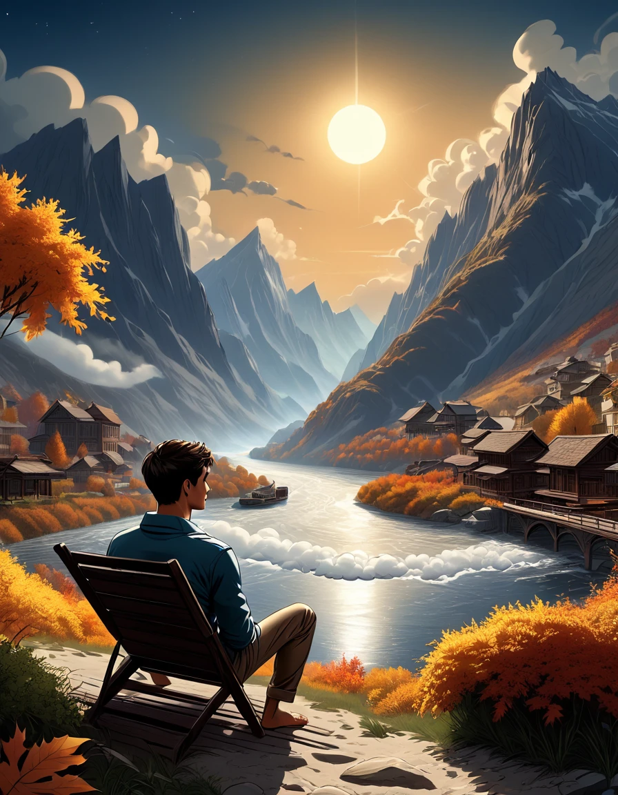 Another colorful autumn ...((full body)), photorealistic, hd, 8k resolution, fullbody, 16k resolution, hd, view from behind, 1 young man, slentder athletic toned body, cimanon skin, gorgeous, perfect anatomy, is sitting by the river watching the sun rice in the background, river, mountains, sun, clouds He is wearing flip flop sandals, dramatic, pacefull scene, centered, symmetry, painted, intricate, volumetric lighting, beautiful, rich deep colors masterpiece, sharp focus, ultra detailed, in the style of dan mumford and marc simonetti, astrophotography