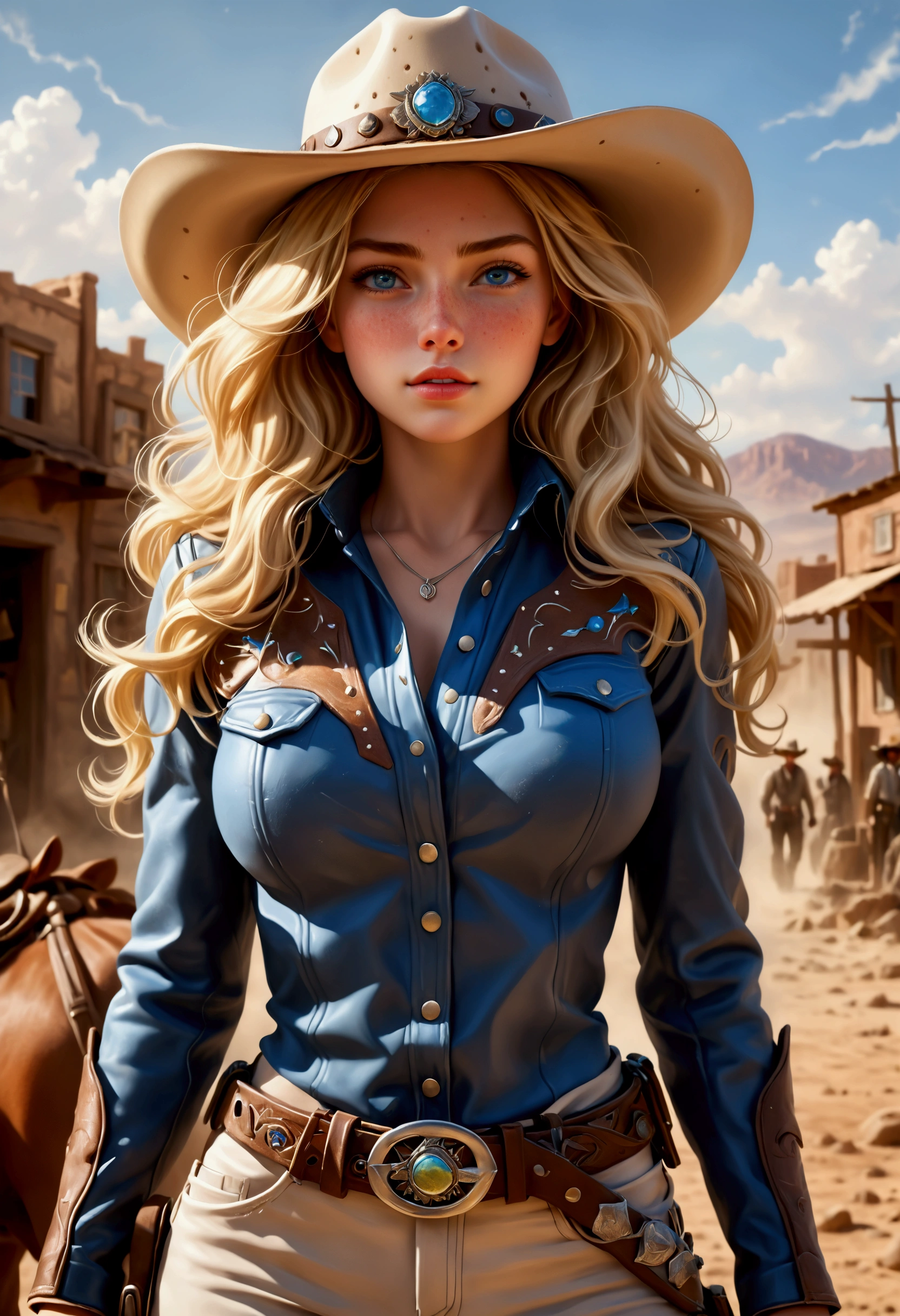 Create a breathtaking, ultra-high-definition image in 16K resolution that captures the adventurous and stylized essence of a Western world realistic photo aesthetic. | Visualize a stunning blonde cowgirl with flowing hair and cute freckles across her cheeks, embodying both strength and grace. She has expressive blue eyes and a natural beauty that shines through her rugged appearance. She is dressed in a stylish yet practical cowgirl outfit, featuring a wide-brimmed hat, a leather jacket with intricate patterns, a belt with a prominent buckle, and sturdy boots. Her attire should blend traditional Western elements with subtle futuristic accents.|The scene is set in a desolate desert town with a few rundown buildings and a vast, arid landscape stretching into the distance. The sky is a brilliant, deep blue with a few wispy clouds, and the harsh sunlight casts long shadows, adding depth and drama to the scene. Dust and tumbleweeds drift across the ground, enhancing the wild and untamed atmosphere.| Capture the cowgirl in a dynamic pose, perhaps with one hand resting on her holstered gun and the other shading her eyes as she gazes into the distance, ready for whatever challenges lie ahead. Her expression should convey a mix of determination and confidence, with a hint of mystery. The camera angle should emphasize her full body, highlighting the details of her outfit and her strong, athletic build. | The overall ambiance should integrate vibrant colors and rich details, creating a sense of depth and immersion in this futuristic Western world. Ensure anatomical correctness, with a focus on ultra-detailed textures and high-quality rendering, capturing every nuance of the cowgirl's appearance and her rugged surroundings. This masterpiece should embody the spirit of adventure and resilience, immersing viewers in its lifelike depiction. | Keywords: (beautiful blonde cowgirl:1.3), ((realistic photo)), ((cute freckles):1.2), ((futuristic Western)), ((dynamic pose)).