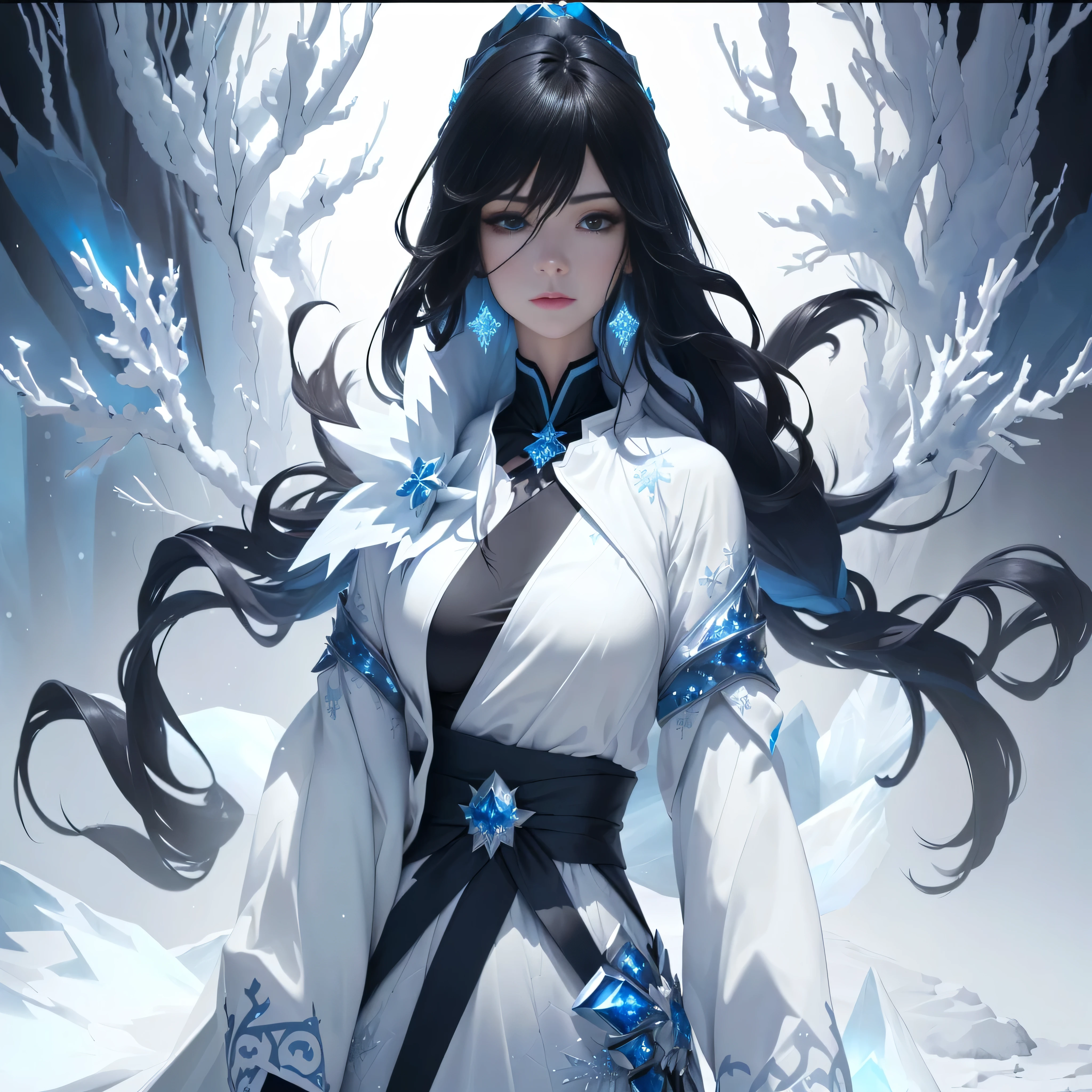 Create a character named Fubuki for an RPG. She is a beautiful and powerful ice sorceress with a tight, athletic body. Fubuki has long, flowing black hair and dark brown eyes that have an intense, captivating gaze. She wears a sleek, white jacket adorned with silver accents over an elegant, ice-blue dress that flows like frost. Her outfit includes a white sports watch and white pants, combining style with practicality. Fubuki's skin is pale, almost translucent, with a faint glow that hints at her magical nature. She has intricate, icy patterns resembling snowflakes and frost as tattoos on her arms and neck. She carries a staff made of enchanted ice, with a glowing blue crystal at its top. Around her, a gentle aura of snowflakes and frost swirls, emphasizing her control over ice and snow. The background shows a wintry landscape with snow-covered trees and a frozen lake, adding to the mystical atmosphere, with snow falling and ice flakes in the air.,Beautiful Assassin, a women of, sword