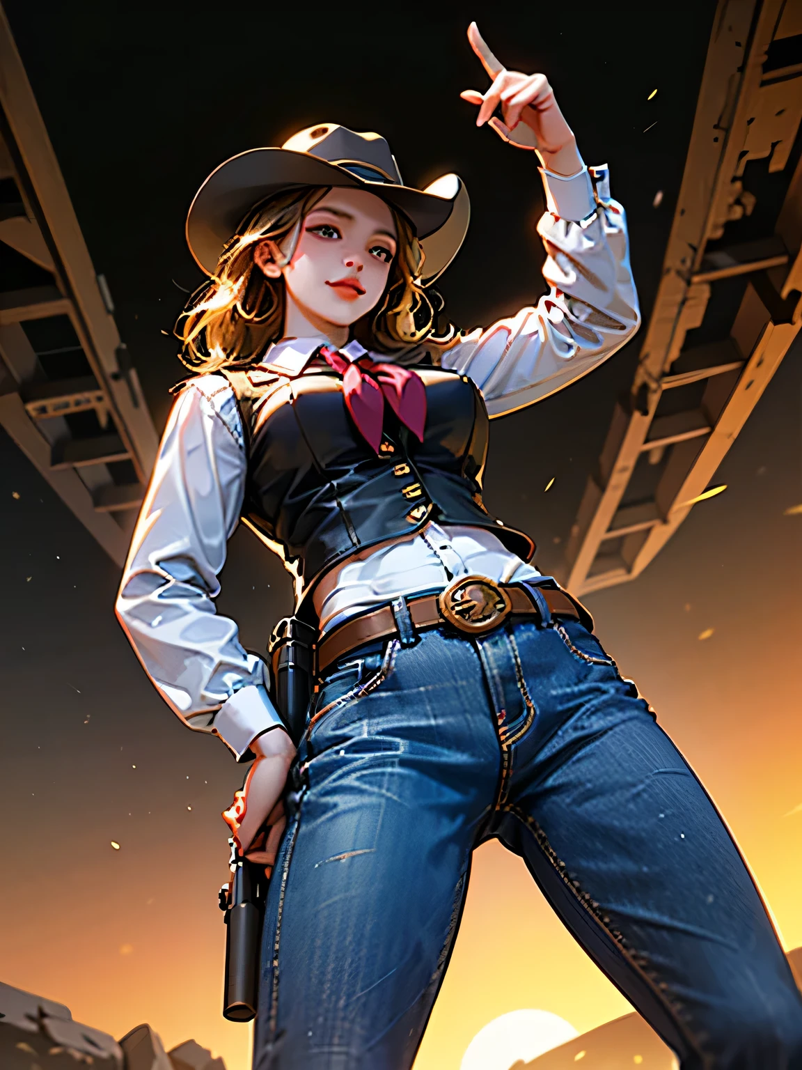 gun, photorealistic, RAW Photos、Realistic、(Super detailed)、(High resolution:1.2)、(masterpiece)、(Highest quality)、8k、Ultra-Details、Back view、(Perfect Anatomy:1.2)、Detailed and beautiful eyes and face、Angle from below、Cowgirl、One girl、Turn around to look at the viewer、(Cowboy hat)、Western Boots、neckerchief、(Leather vest)、(gun belt:1.3)、(Detailed depiction of a revolver:1.2)、rifle、(Gun holster)、jeans、lasso、horse、Western Landscape、(Golden sunset)、Detailed depiction of intricate costumes、(Super hourglass body type)、(Super big breasts pointing upwards:1.3)、(A scene from a western movie)、(Hold the gun grip correctly)、Correct fingers、Leg spread、[[[logic]]]、(Acrobatic Gunfighter Pose)、A confident smile、(Western Geki Bar)、The other cowboys、Concept Art