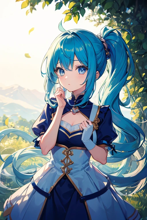 Magical girl with blue hair and indigo eyes, with her hair in a medium ponytail