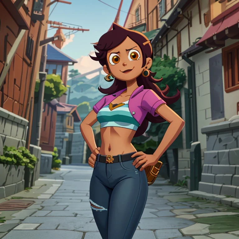 Imagens 3D de alta qualidade para close-ups，personagem de anime de uma peça，nós，Doce cara mestiça do Leste Europeu，Preservar detalhes do personagem，，Cabelo laranja longo e esvoaçante，Usando um biquíni listrado verde，jeans justos