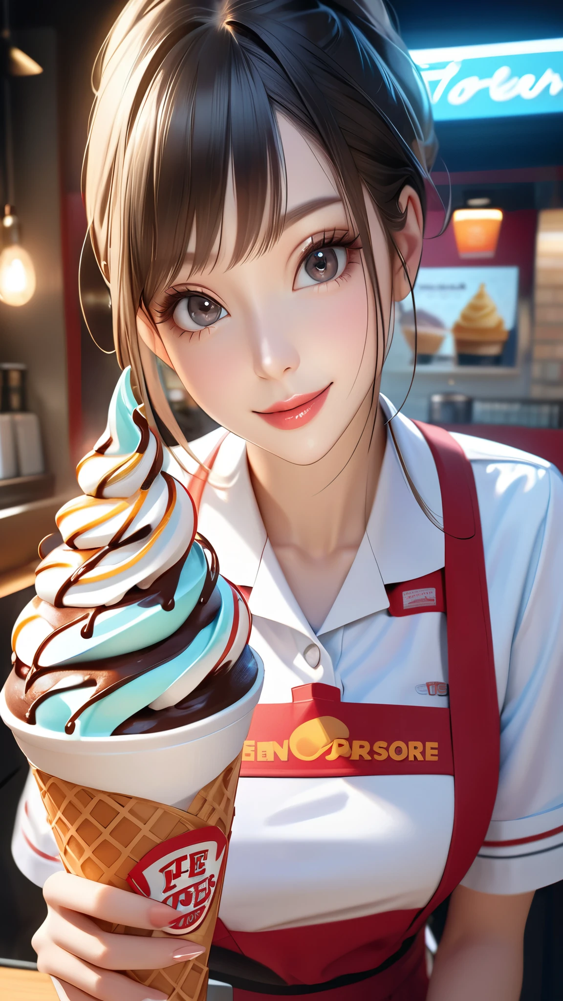 Anime girl holding a cup of ice cream with a chocolate swirl - SeaArt AI