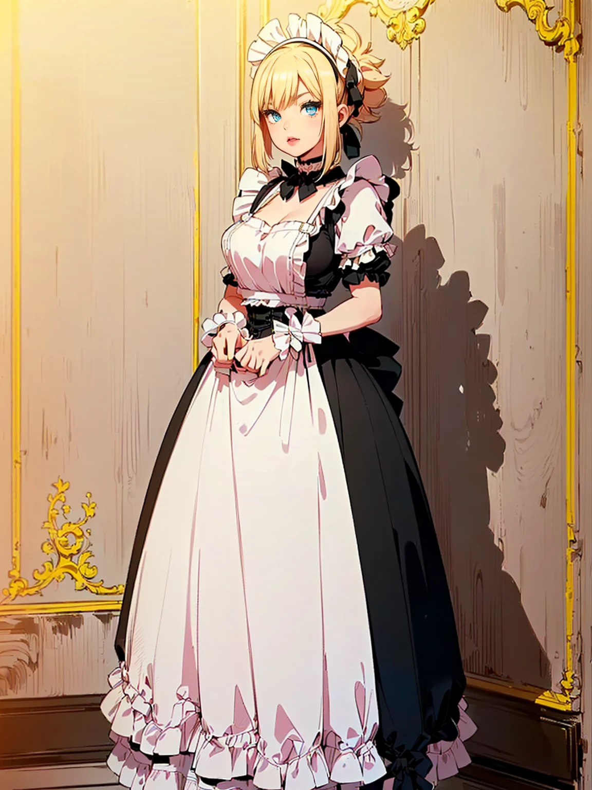 ((1woman, (solo, 1girl, alone), kohaku, blonde hair, blue eyes, tied hair)), smug, ((solo, (1woman, pink lipstick), Extremely detailed, ambient soft, (( maid, black dress, white apron, ruffled dress, victorian maid, high heels ))