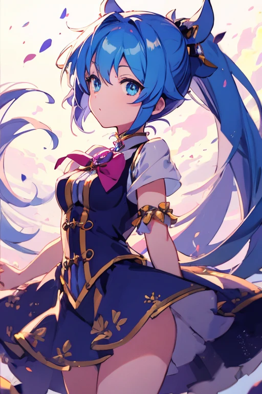 Magical girl with blue hair and indigo eyes, her hair is tied in a medium ponytail 