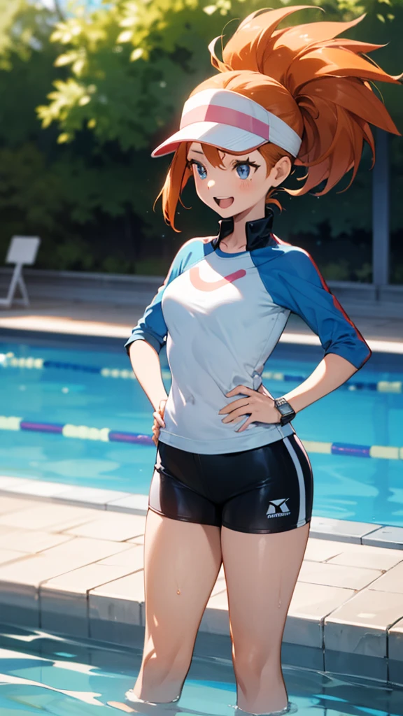 1 girl, masterpiece, best quality, highres, ro1, Misty from pokemon, hair bun, blue eyes, visor cap, , raglan sleeves, blue bicycle shorts, small ponytail on the side, wristwatch, standing, hand on hip, smile, open mouth, (sparkle:1.1), orange hair, medium breasts, 3/4 body view, outdoors, swimming pool