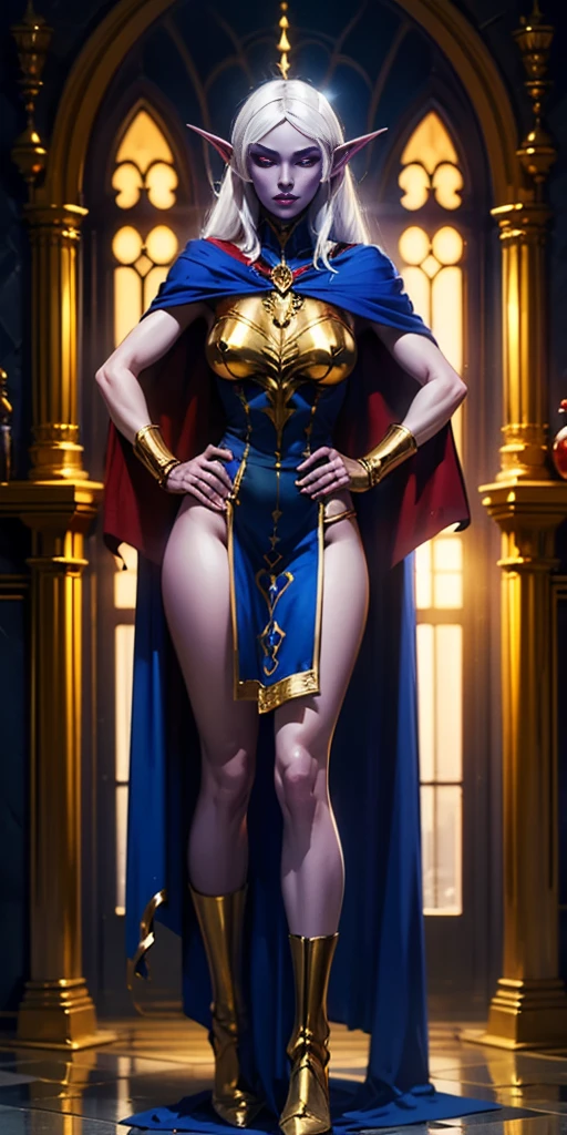 masterpiece, best quality, high quality, drow elf, long hair, pale hair, red eyes, purple skin, deep blue cape with golden ornaments (1solofemale full body standing straight symmetrical, hands on hips) 