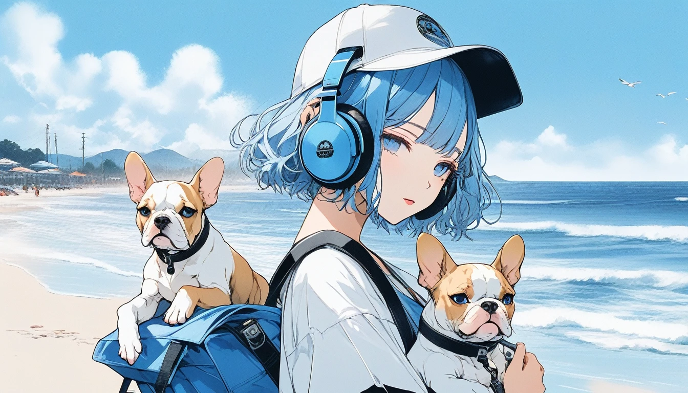 Illustrator, anime , Realistic ,sketch , A girl holding a cute bulldog puppy wearing headphones, ,lip, T-shirt,order,Textured Trim, (masterpiece,Highest quality) Blue background, Neon Hair,Textured Trim, Canadian, (masterpiece,Highest quality) Cancer，Summer landscape、Seaside、Blue sky、white waves、Beach parasol、Vision、