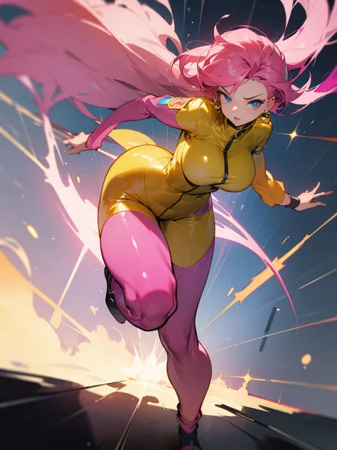 a mature woman , hero pose, big pink hair, shining blue eyes, dark yellow jumpsuit. hero pose, big breasts35 years old, running ...