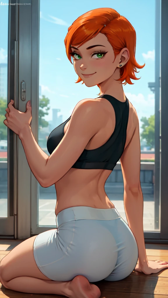 1 girl,(solo), (masterpiece:1.2), (high quality:1.0),looking at viewer, (ultra detailed),smile,short orange hair, green eyes, Gwen Tennyson,sports bra, yoga shorts  curvy, from behind,