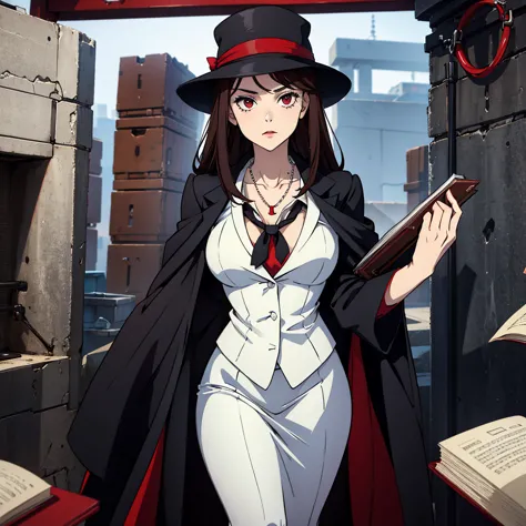 A woman. White skin. Black Overcoat. Red Tie. Necklace with a cross. Black hat. Holds an old brown book. Sneaker 