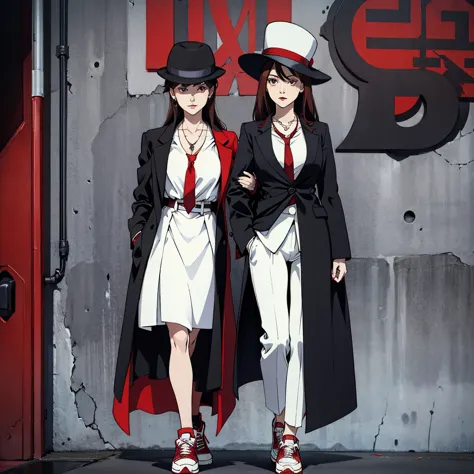 A woman. White skin. Black Overcoat. Red Tie. Necklace with a cross. Black hat. Holds an old brown book. Sneaker 