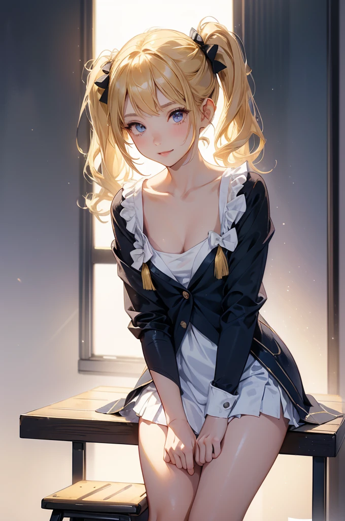 Browsing Caution:1.4, 8k, expensiveest quality, masterpiece, Vibrant, Real person, Unity 8k による壁紙, School classroom、Sit at a desk、Sit with your legs apart、(1 girl) , Beautiful Eyes, (Delicate face) , Perfect detail, (Best lighting) , (超Complexdetailed),、(Shooting from below:1.5)、Peeking out from under the skirt、Cowboy Shot、{Low Angle:1.4}、Showing panties、Laughter、Smiling girl、expensive , {Navy Blue Blazer:1.2}、{White shirt}、{Yellow ribbon}、{Grey pleated skirt}、((Small breasts:1.2))、Wearing a proper uniform、(1 girl),(Beautiful Eyes、detailedに描かれた、Look at the detailasterpieceサイドライト、masterpiece、expensiveest quality、detailed、High resolution illustrations),Delicate makeup, (close:1.2)、throw、Soft focus ground bokeh、Turn to me and smile,black eye,Half-up hairstyle with short bangs((blonde)))、Curly Hair,short hair, ((Low twin towel:1.3), (Short pigtails:1.3), 非常にdetailedな, Complex, Tabletop, Small Ass、thin texpensives