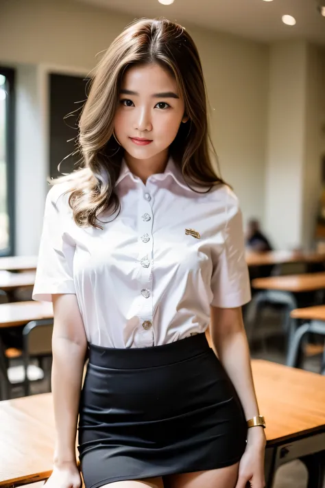 1 girl{{A beautiful girl wearing a white short-sleeved shirt and a short A-line skirt}} stood in the classroom.  sexy poses  with several lecture tables set up behind it  There is a sliding glass window.  There was evening light streaming into the room.