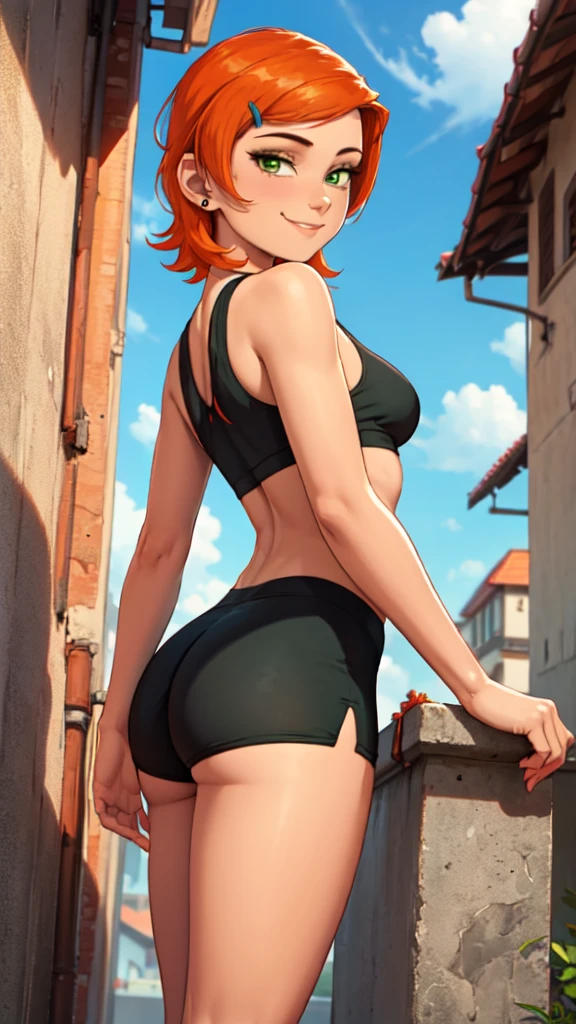 1 girl,(solo), (masterpiece:1.2), (high quality:1.0),looking at viewer, (ultra detailed),smile,short orange hair, green eyes, Gwen Tennyson,sports bra, yoga shorts  curvy, from behind, (low angle view)