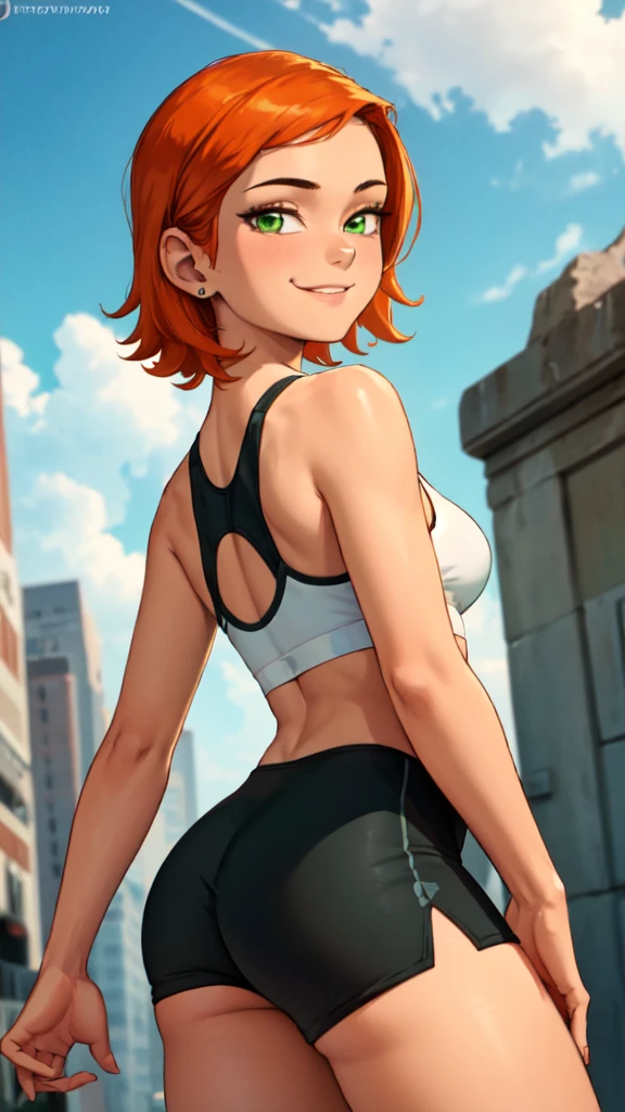 1 girl,(solo), (masterpiece:1.2), (high quality:1.0),looking at viewer, (ultra detailed),smile,short orange hair, green eyes, Gwen Tennyson,sports bra, yoga shorts  curvy, from behind, (low angle view)