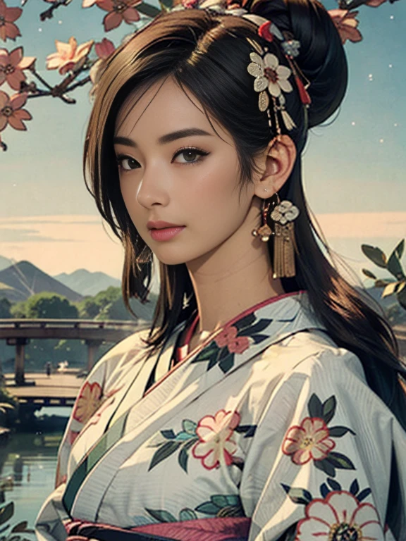 (Highest quality、 8k 、masterpiece、High resolution)、(whole body)、Vibrant colors、Brown-black bob、Traditional topknot、Ample breasts、(Detailed face,Beautiful Face,Beautiful Eyes,Beautiful nose,Pretty lips)、Official artwork、Ukiyo-e style、 (Beautiful woman in kimono)、(Vivid floral patterned kimono)、background、river、bridge、Mountain、Starry Sky、plum、