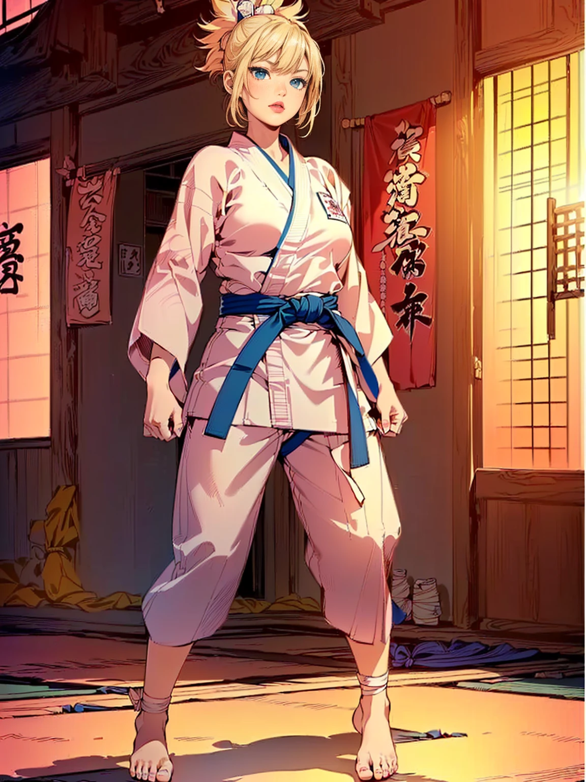 ((1woman, (solo, 1girl, alone), kohaku, blonde hair, blue eyes, tied hair)), smug, ((solo, (1woman, pink lipstick), Extremely detailed, ambient soft, (( woman karate fighter, karate kimono, Karategi, blue belt, tatami, karate dojo, sunset, bandages on feet, barefoot ))