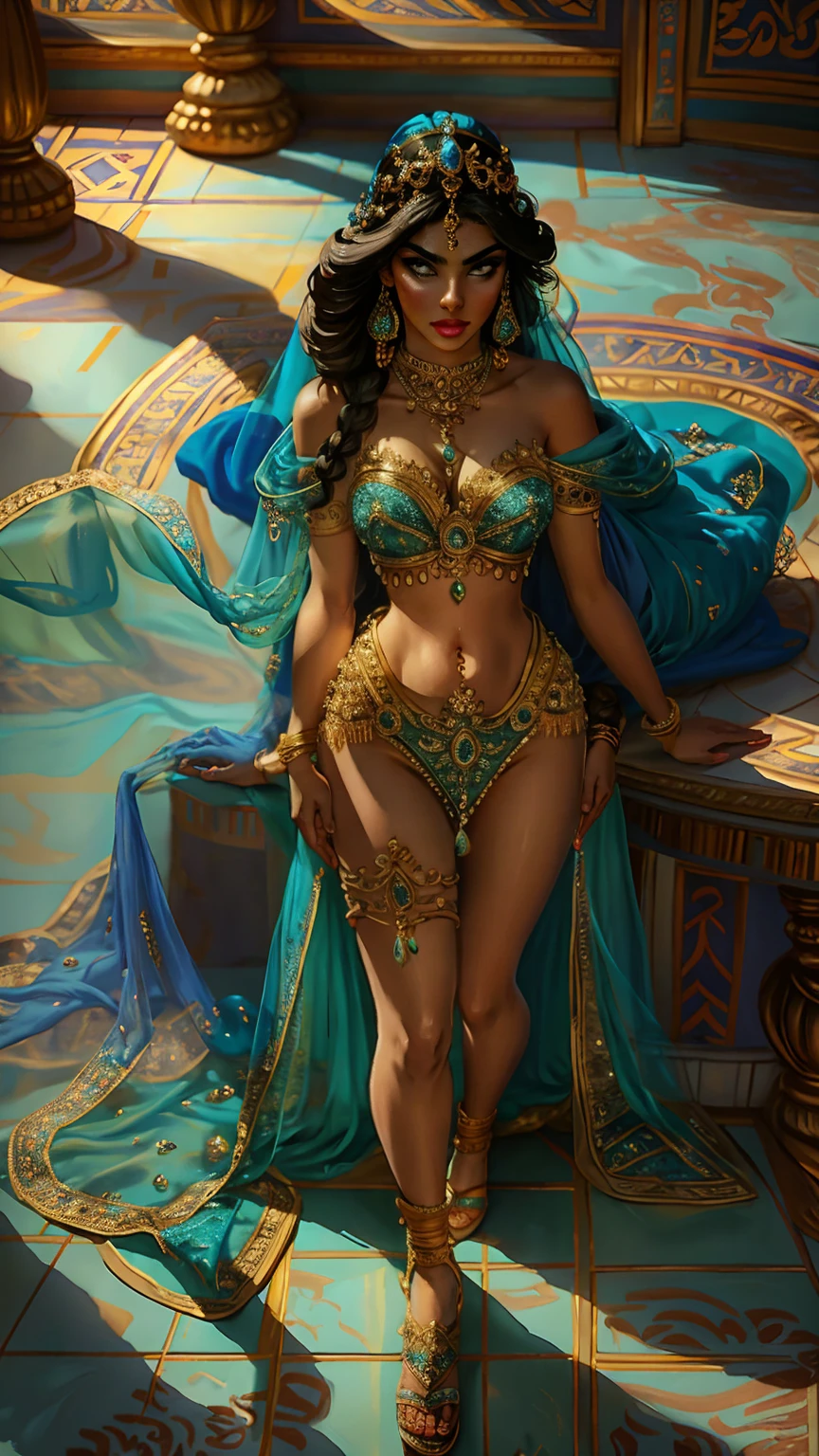 ((Full body photo, standing, feet on the floor)) thigh-high jeweled sandal, (((1girl))), (((23years))), ((full body shot)), Jasmine , Arabian, bikini, diadem with blue gem, jewelry, bracelets on arms, anklets on legs, colorful silks, Arabian setting, flowers, looking at viewer, ((highly detailed)), (((masterpiece))) Hyacinth