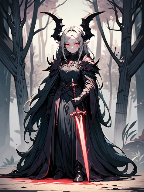 A stunning artwork of a fierce demonic elf standing in a cursed forest. The full-body view showcases her in dark armor, exuding ...