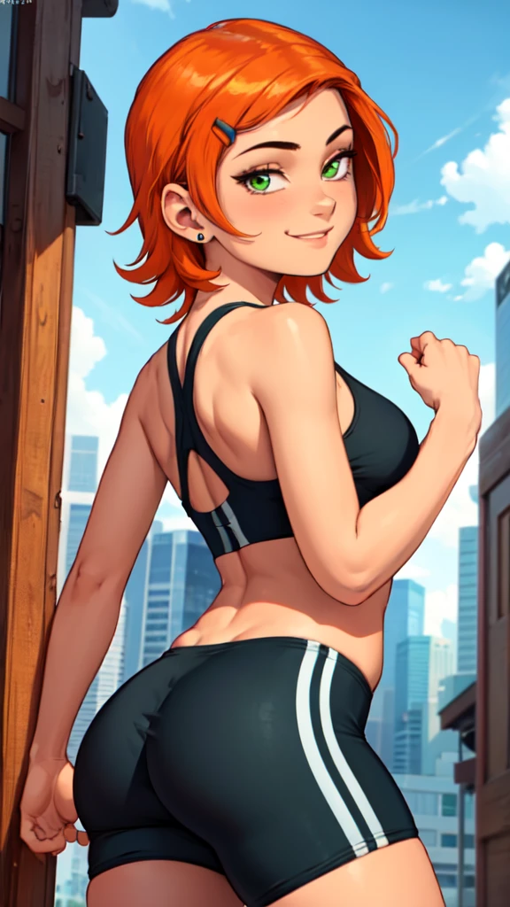 1 girl,(solo), (masterpiece:1.2), (high quality:1.0),looking at viewer, (ultra detailed),smile,short orange hair, green eyes, Gwen Tennyson,sports bra, yoga shorts  curvy, from behind, (low angle view)