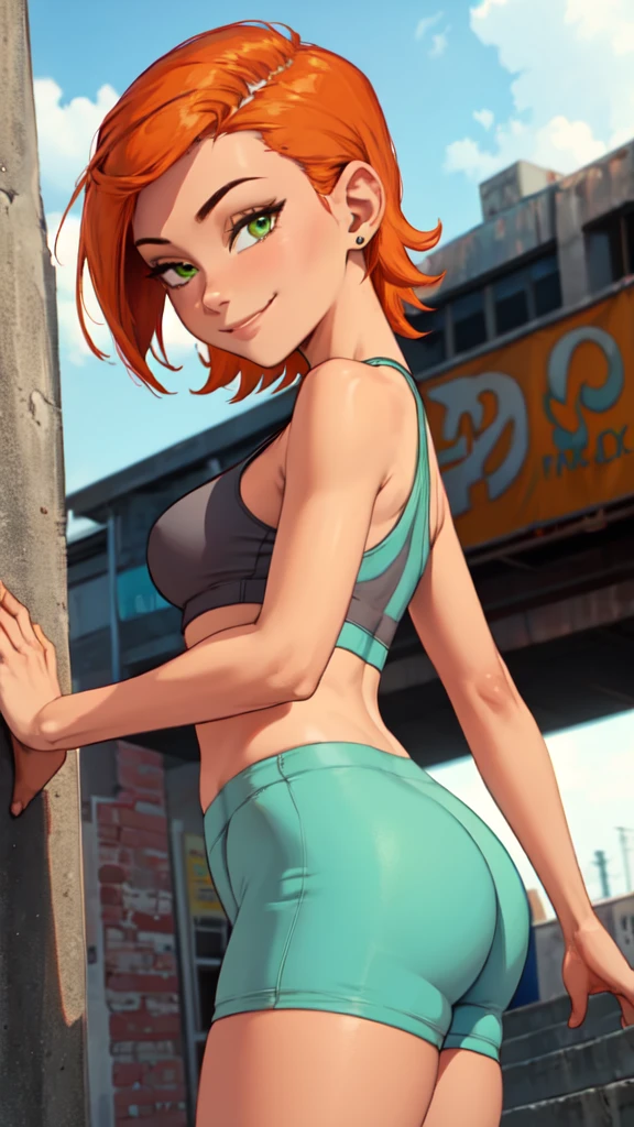 1 girl,(solo), (masterpiece:1.2), (high quality:1.0),looking at viewer, (ultra detailed),smile,short orange hair, green eyes, Gwen Tennyson,sports bra, yoga shorts  curvy, from behind, (low angle view)