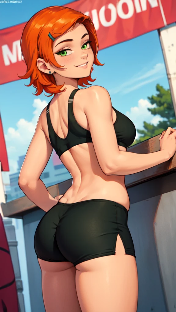 1 girl,(solo), (masterpiece:1.2), (high quality:1.0),looking at viewer, (ultra detailed),smile,short orange hair, green eyes, Gwen Tennyson,sports bra, yoga shorts  curvy, from behind, (low angle view)